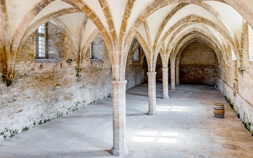 Abbaye de Cluny stone arches and vaulted ceiling in France.