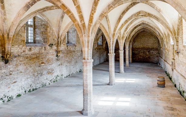 Abbaye de Cluny stone arches and vaulted ceiling in France.