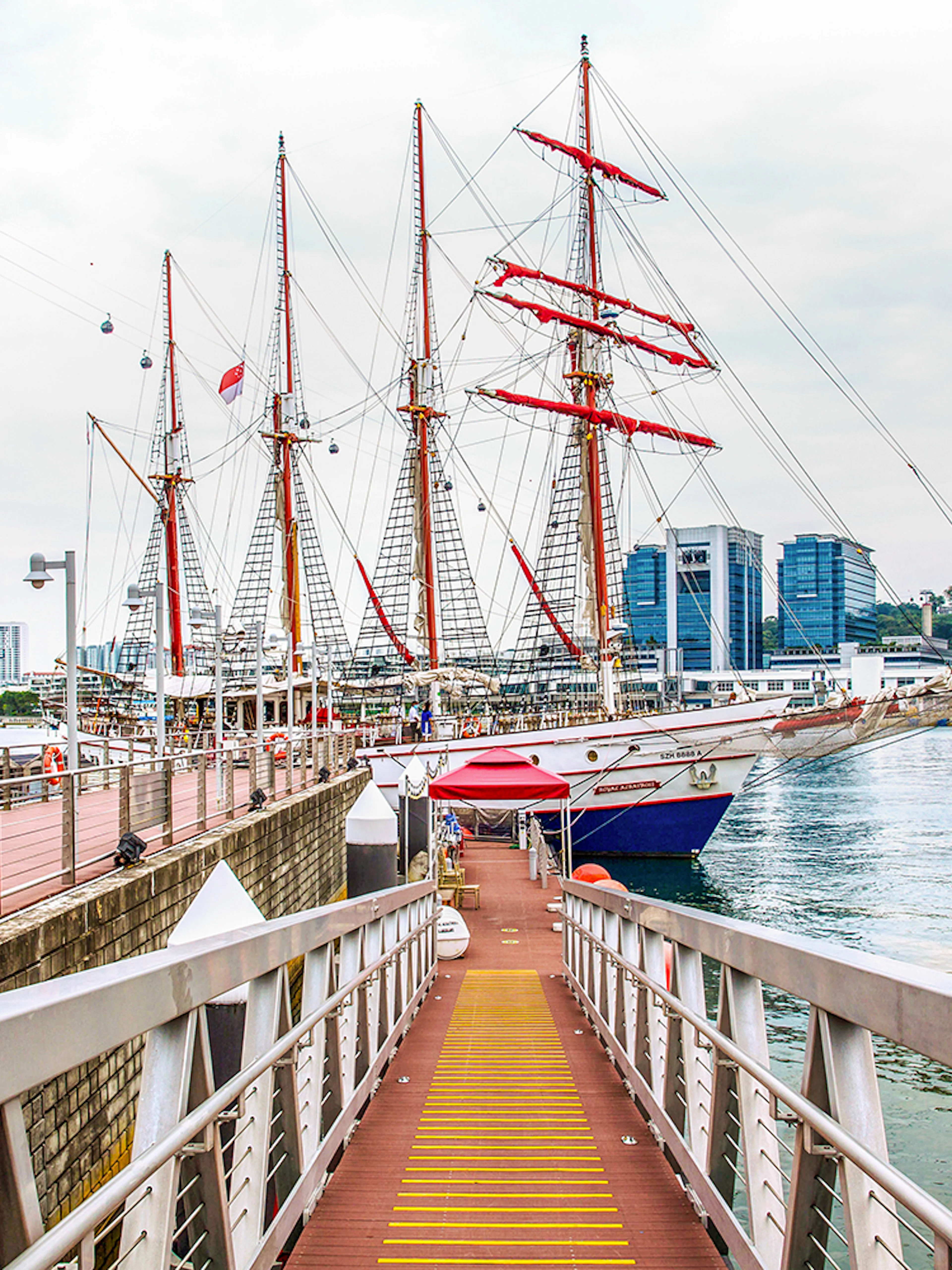 Royal Albatross docked at Singapore harbor with city skyline in background.