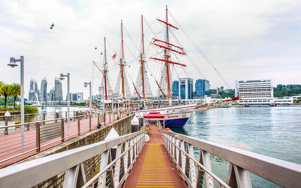 Royal Albatross docked at Singapore harbor with city skyline in background.