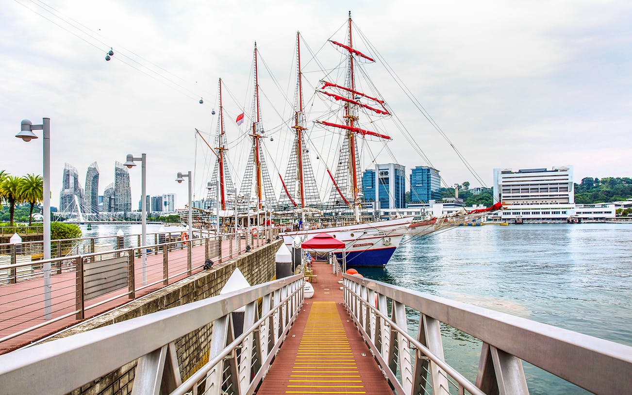 Royal Albatross docked at Singapore harbor with city skyline in background.