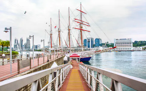 Royal Albatross docked at Singapore harbor with city skyline in background.
