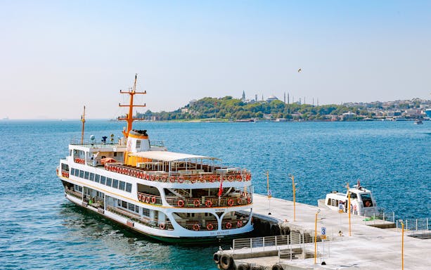Ferry docked at Princes' Islands pier with Istanbul skyline in the background.