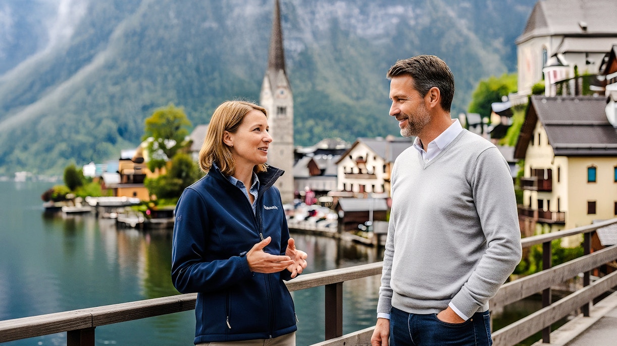 Tour guide discussing with a visitor on a bridge in Hallstatt, Austria, with lake and church in background.
