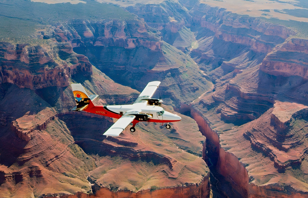 Airplane flying over Grand Canyon West Rim during 70-minute tour from Las Vegas.