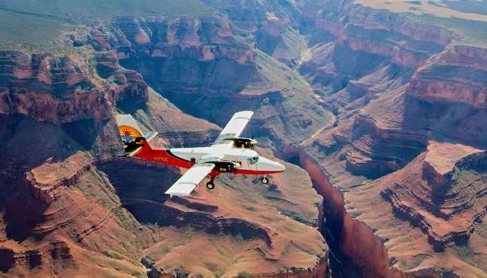 Airplane flying over the Grand Canyon during a West Rim tour from Las Vegas.