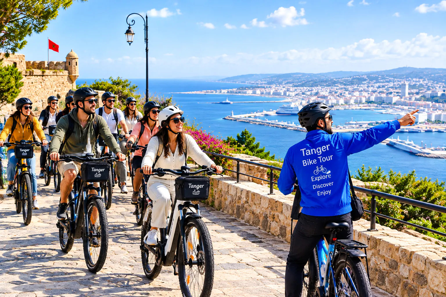 Cyclists on a guided bike tour overlooking Tangier's coastline.