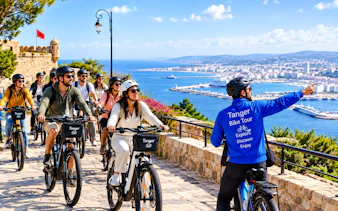 Cyclists on a guided bike tour overlooking Tangier's coastline.