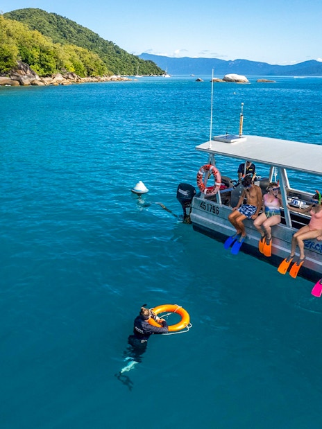 Tourists snorkeling from a boat at Fitzroy Island, Australia.