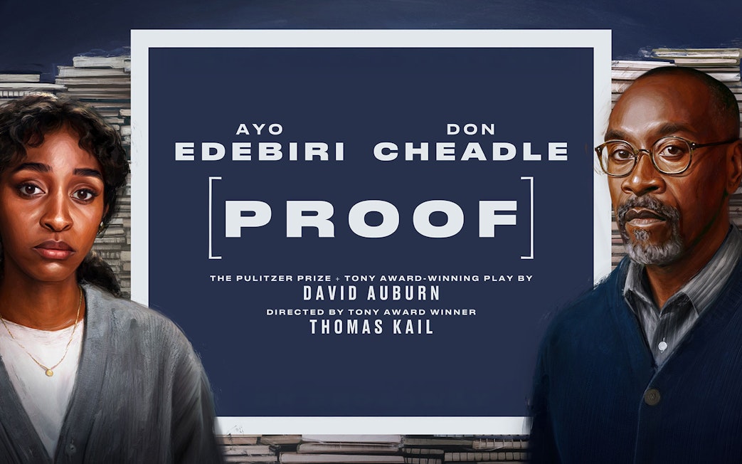Poster for Proof Broadway show featuring actors with stacks of books in the background.