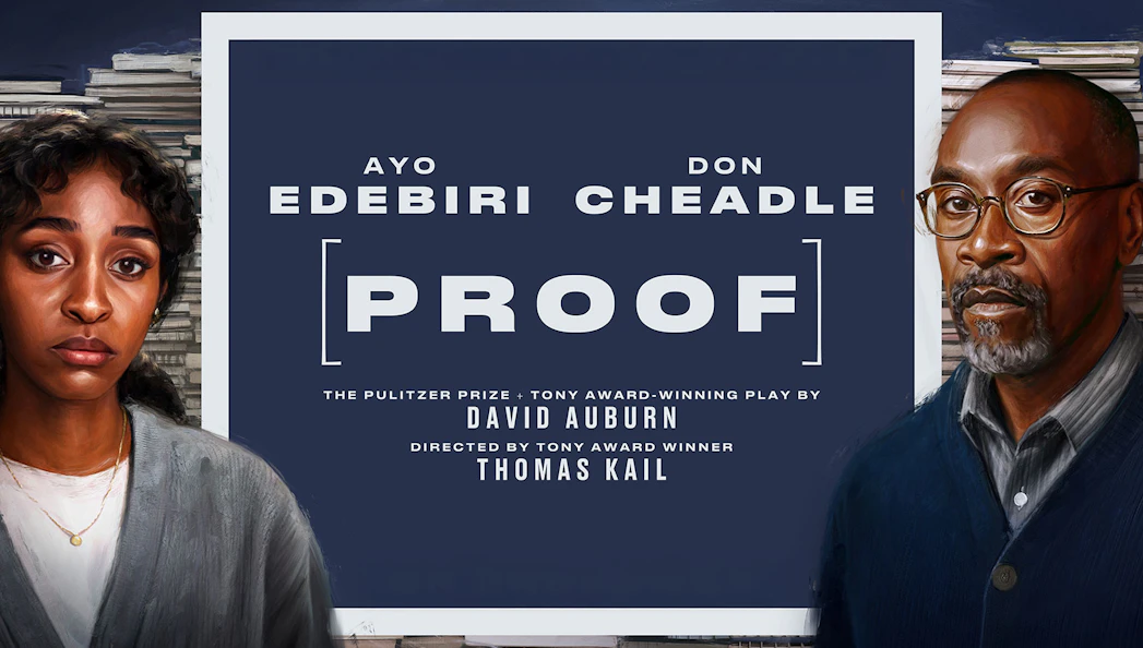 Poster for Proof Broadway show featuring actors with stacks of books in the background.