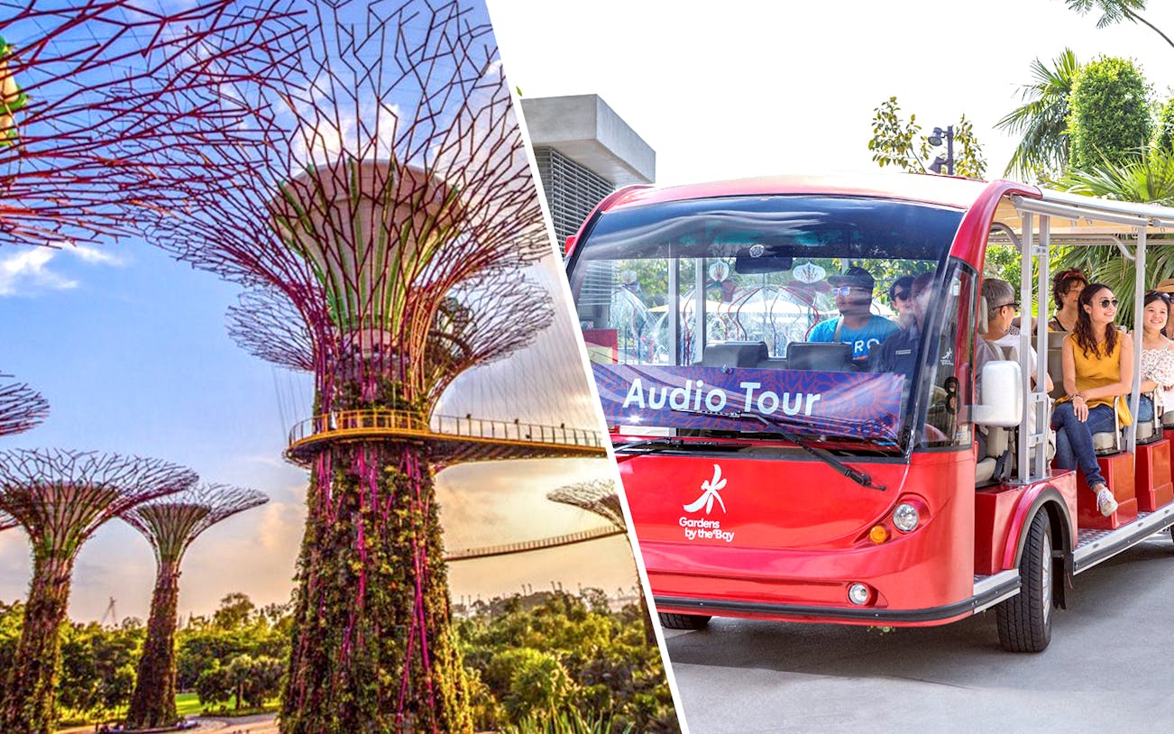 Gardens by the Bay Supertrees and outdoor audio tour tram in Singapore.