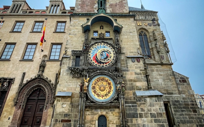 Astronomical Clock in Prague, intricate design with zodiac signs and figures.