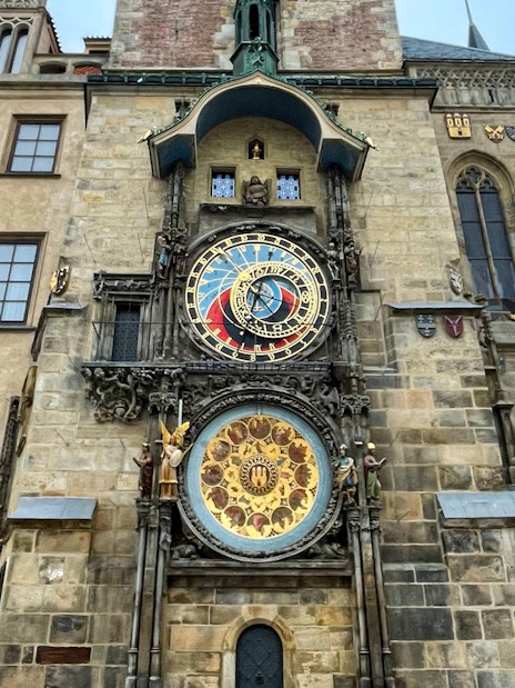 Astronomical Clock in Prague, intricate design with zodiac signs and figures.