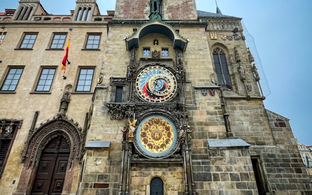 Astronomical Clock in Prague, intricate design with zodiac signs and figures.