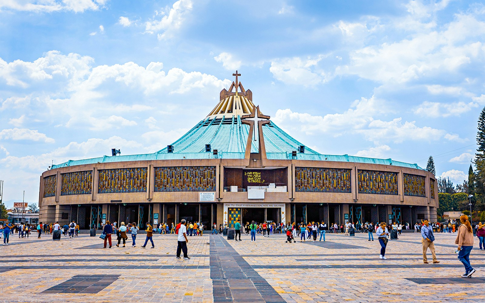 Basilica of Our Lady of Guadalupe with visitors in Mexico City, Mexico.