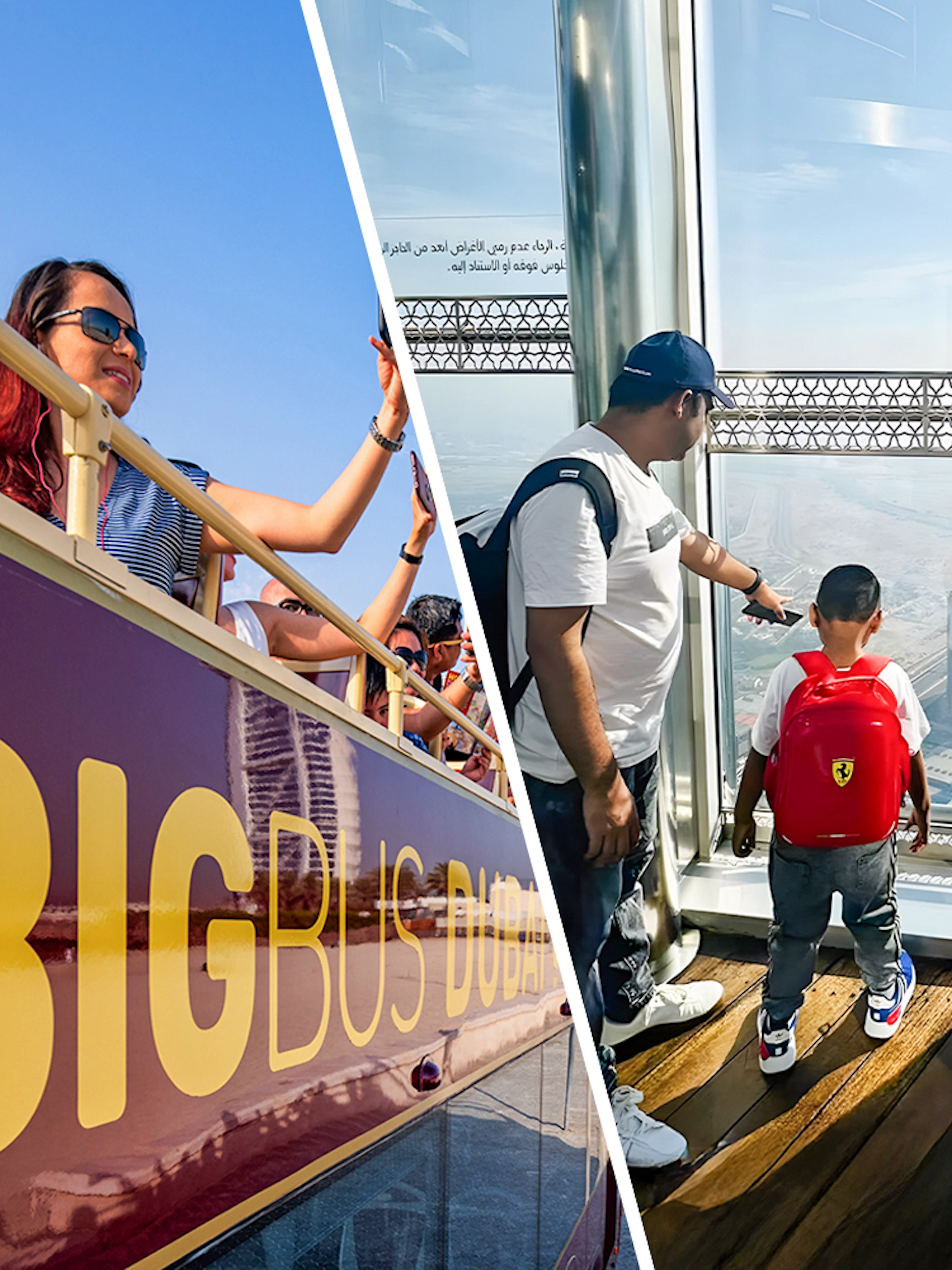 Big Bus tour in Dubai and family viewing cityscape from The View at the Palm.
