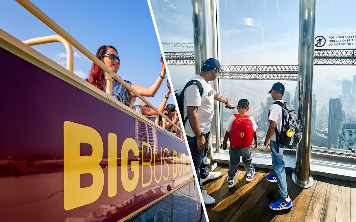 Big Bus tour in Dubai and family viewing cityscape from The View at the Palm.