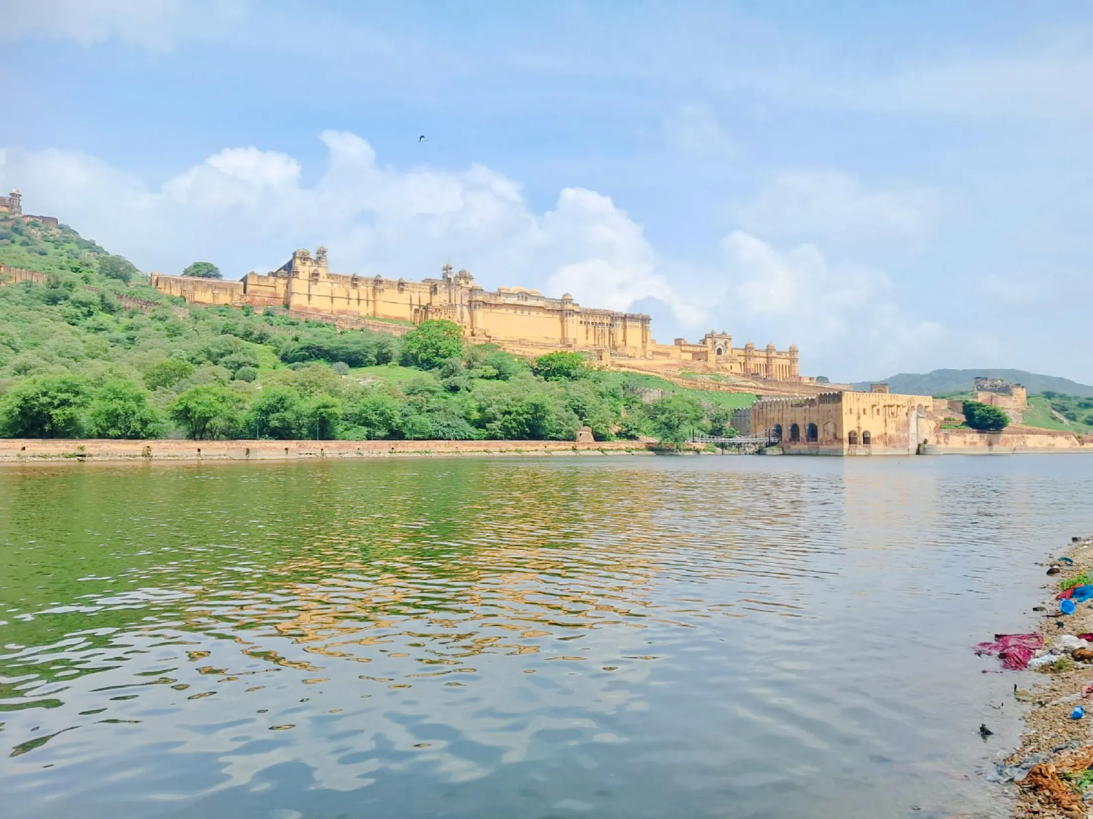 Amber Fort overlooking Maota Lake in Jaipur, India.