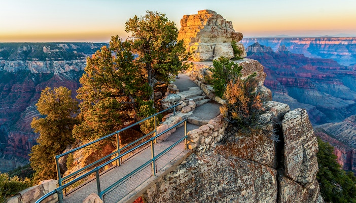 Bridge leading to Bright Angel Point, Grand Canyon National Park, Arizona, with canyon views.