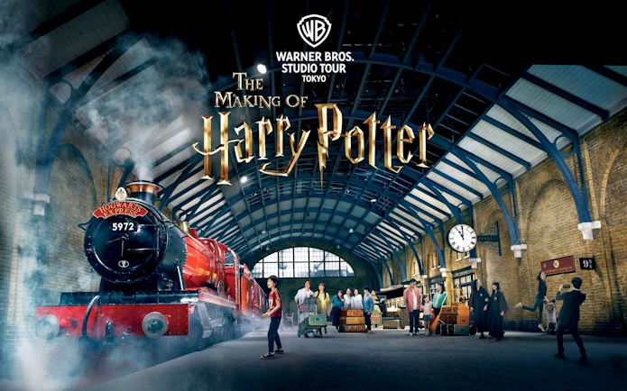 Hogwarts Express at Warner Bros. Studio Tour Tokyo, visitors exploring Harry Potter set.