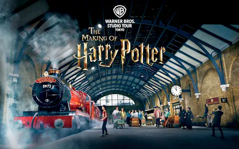 Hogwarts Express at Warner Bros. Studio Tour Tokyo, visitors exploring Harry Potter set.