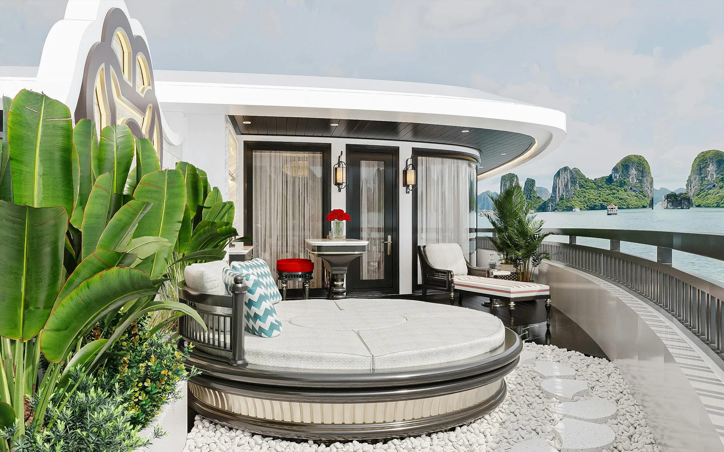 Luxury cruise deck with seating area overlooking Lan Ha Bay limestone karsts.