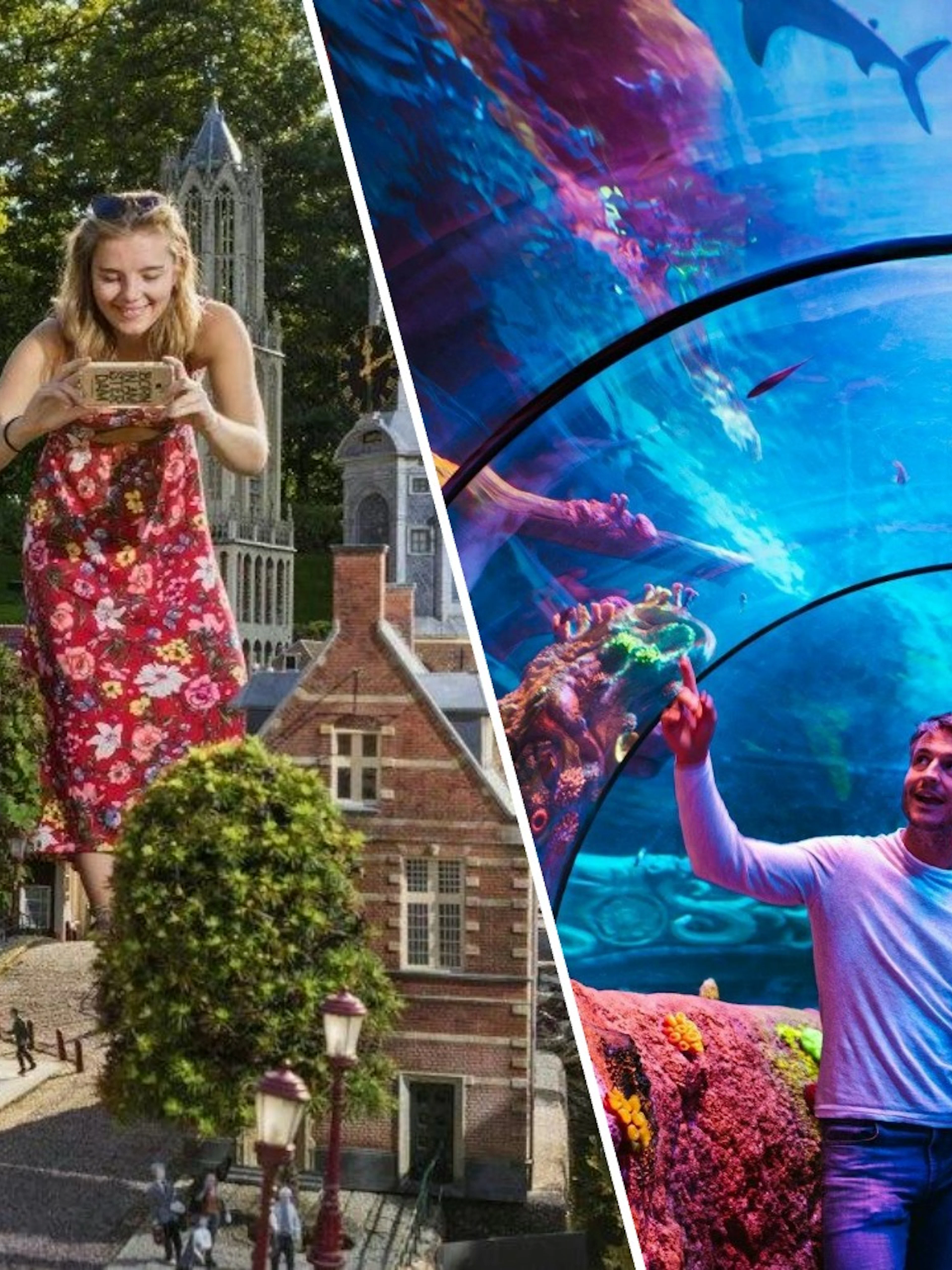 Madurodam miniature park with woman exploring models; family in SEA LIFE Scheveningen tunnel.