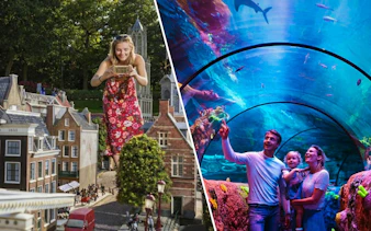 Madurodam miniature park with woman exploring models; family in SEA LIFE Scheveningen tunnel.