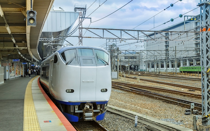 Train at a platform in a Japanese railway station, JR-West Kansai Rail Pass.