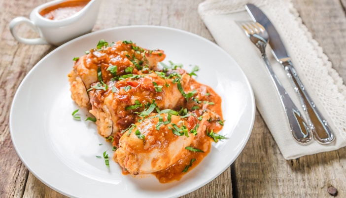 Stuffed calamari with tomato sauce at Delphi Restaurant.