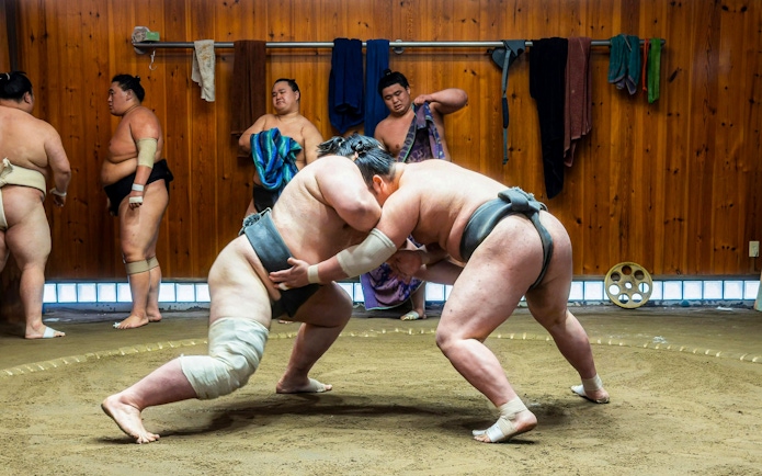 Sumo wrestlers practicing in a traditional dojo during a morning session in Asakusa.