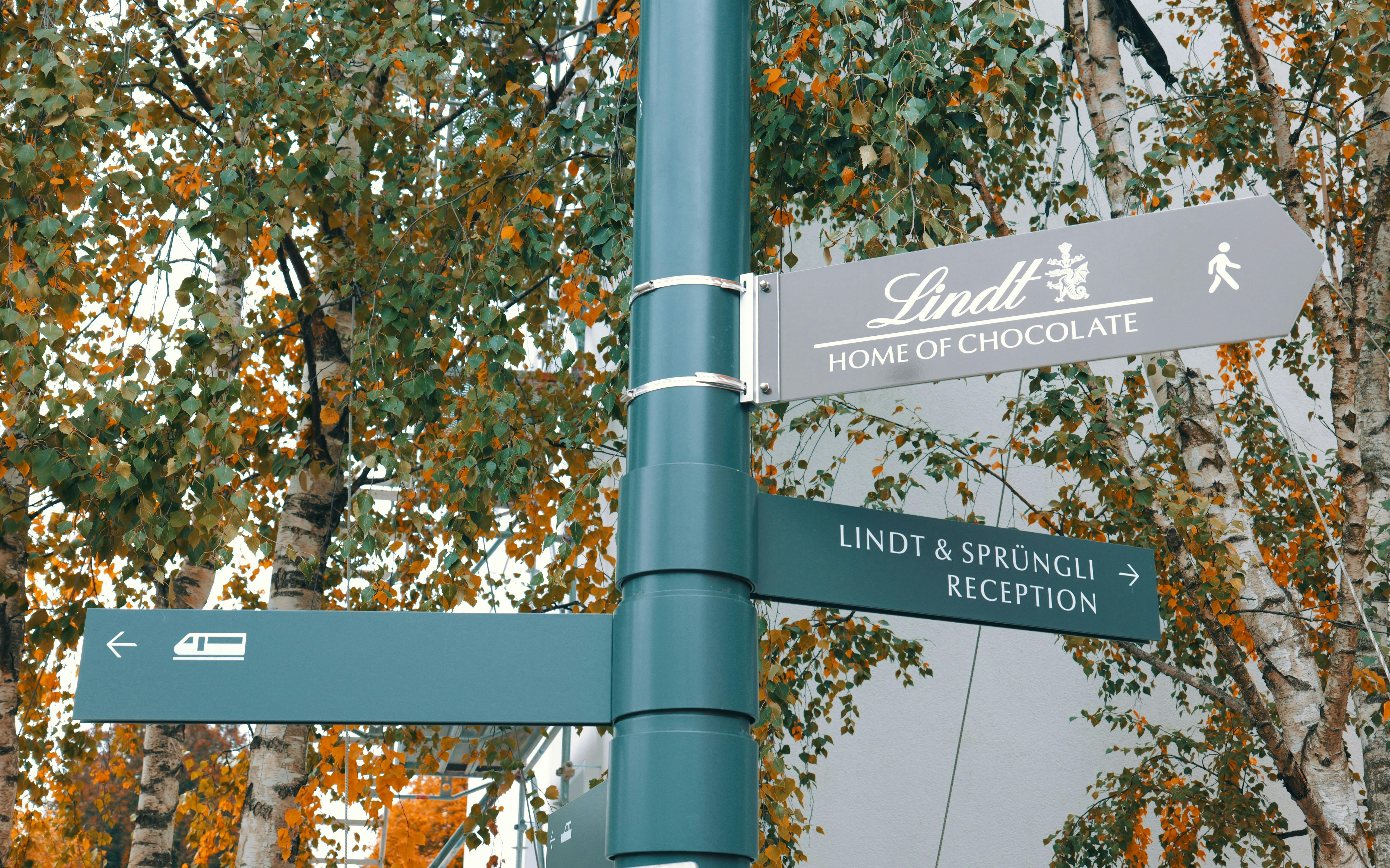 Signpost directing to Lindt Chocolate Museum and reception amidst autumn trees.