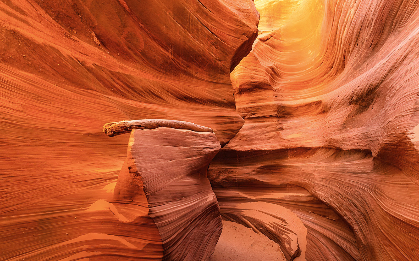 Waterhole Canyon's swirling red sandstone formations illuminated by sunlight.