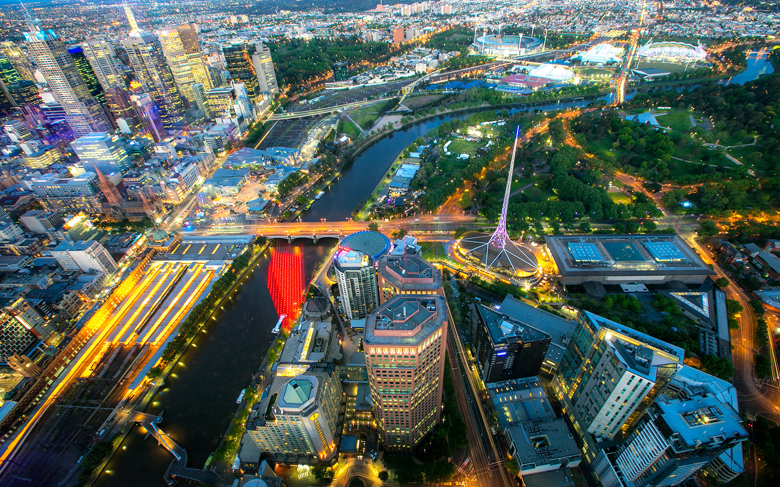 Aerial view of Melbourne cityscape from Skydeck, featuring Yarra River and Arts Centre.