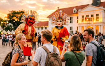 Tourists enjoying traditional Ondel-Ondel puppets in Jakarta's Kota Tua during a Chinatown Glodok food tour.