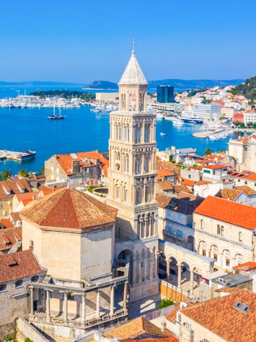 Aerial view of Split's old town with Saint Domnius Cathedral belltower, Croatia.