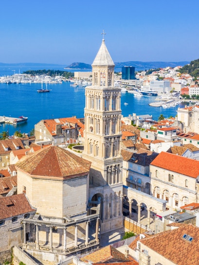 Aerial view of Split's old town with Saint Domnius Cathedral belltower, Croatia.