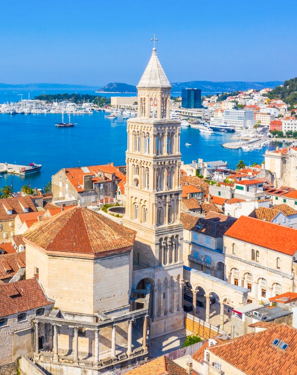 Aerial view of Split's old town with Saint Domnius Cathedral belltower, Croatia.