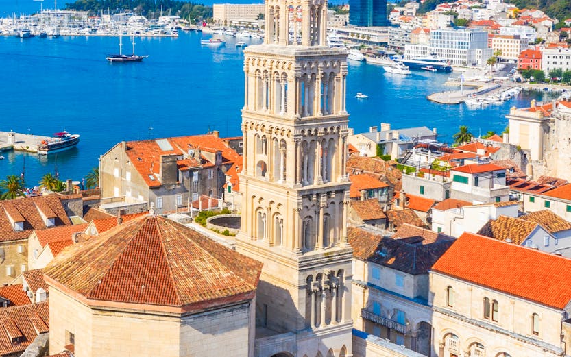 Aerial view of Split's old town with Saint Domnius Cathedral belltower, Croatia.
