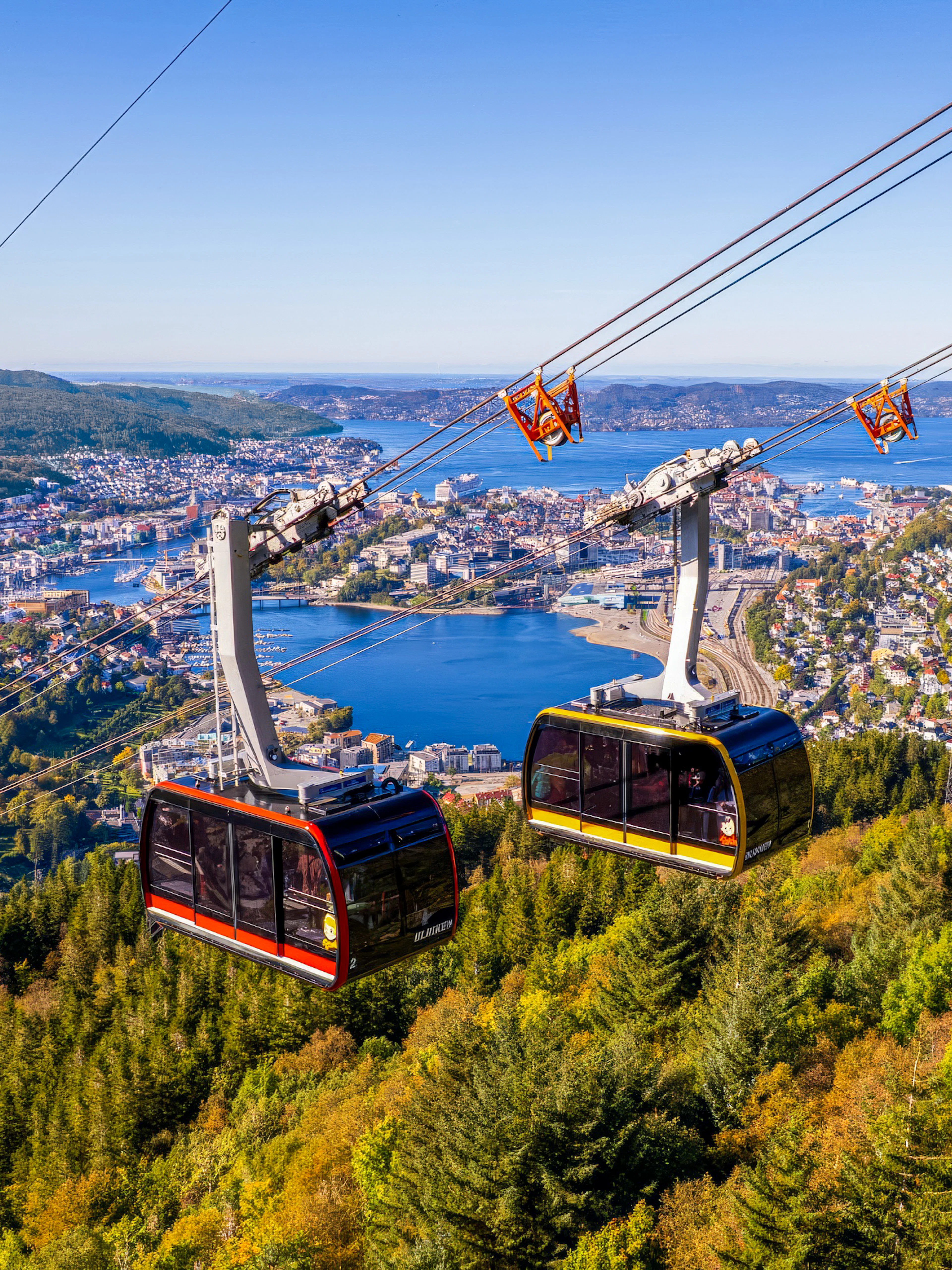 Ulriken cable cars ascending over Bergen, Norway with city and fjord views.