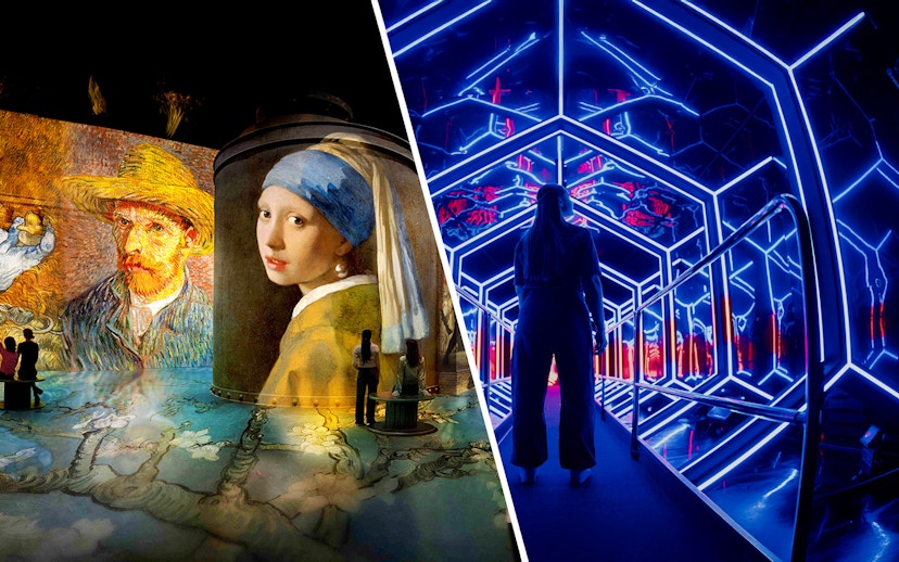 Guests exploring art projections and neon light tunnel at Amaze Amsterdam.