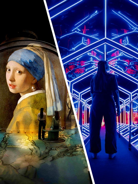 Guests exploring art projections and neon light tunnel at Amaze Amsterdam.