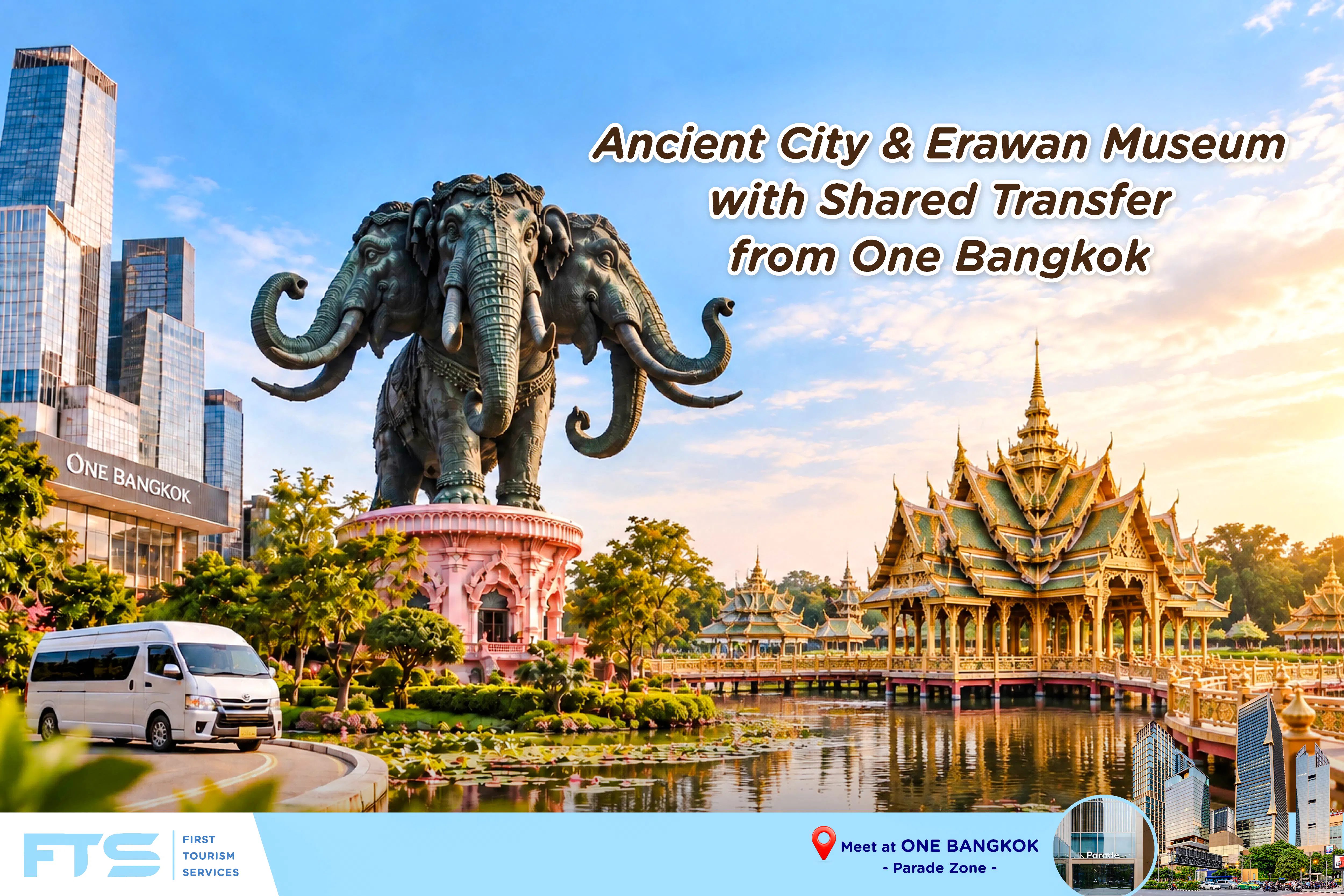 Erawan Museum's three-headed elephant statue and traditional Thai pavilion in Bangkok.
