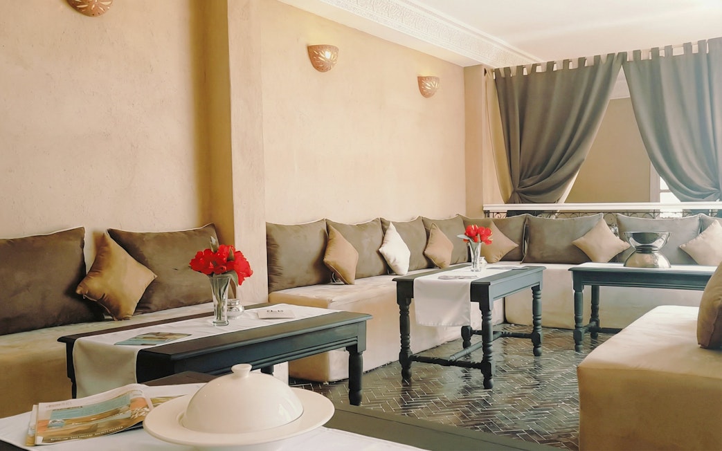Sofas in the waiting area at Traditional Moroccan Steam Hammam & Spa, Marrakech.