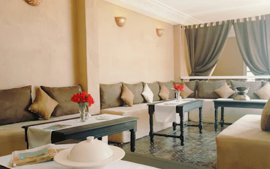 Sofas in the waiting area at Traditional Moroccan Steam Hammam & Spa, Marrakech.