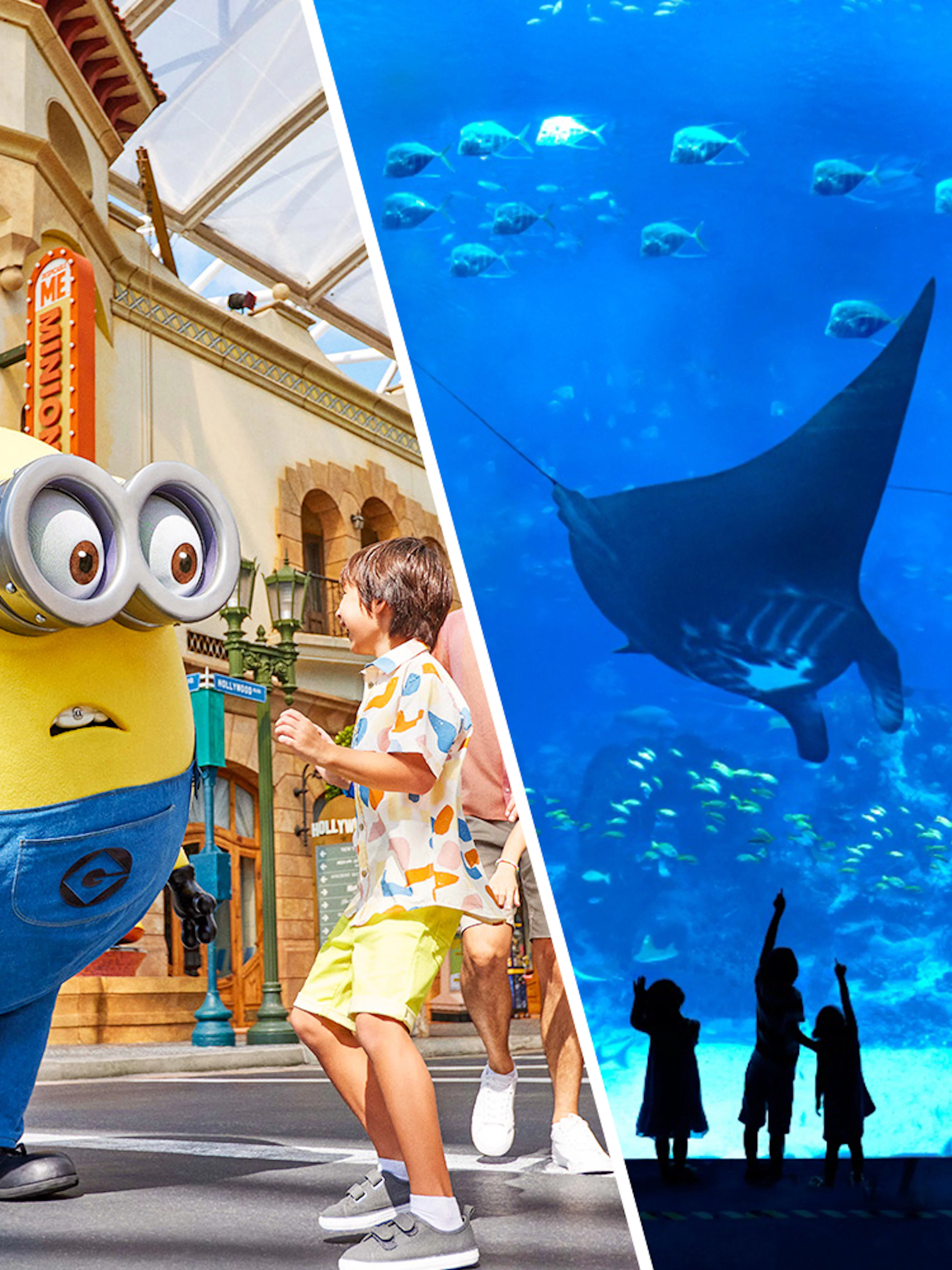 Minion character at Universal Studios Singapore and manta rays at S.E.A Aquarium Singapore.