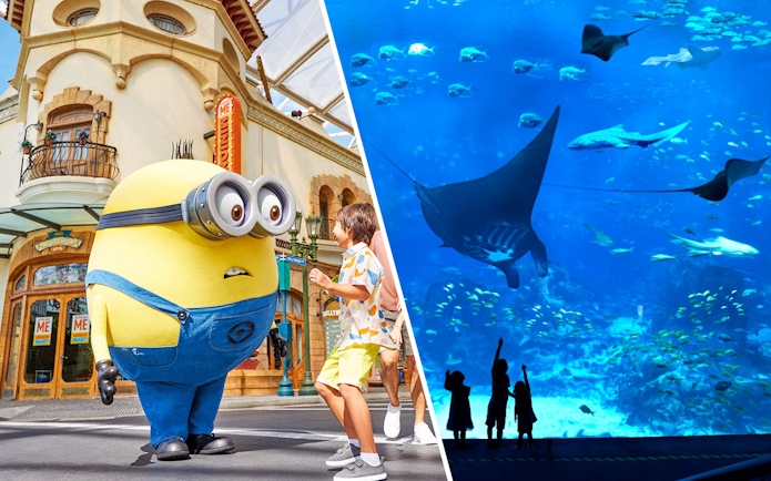 Minion character at Universal Studios Singapore and manta rays at S.E.A Aquarium Singapore.