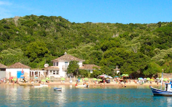 Beachfront with umbrellas and boats at a lush green hillside, Kais Ismail tour location.