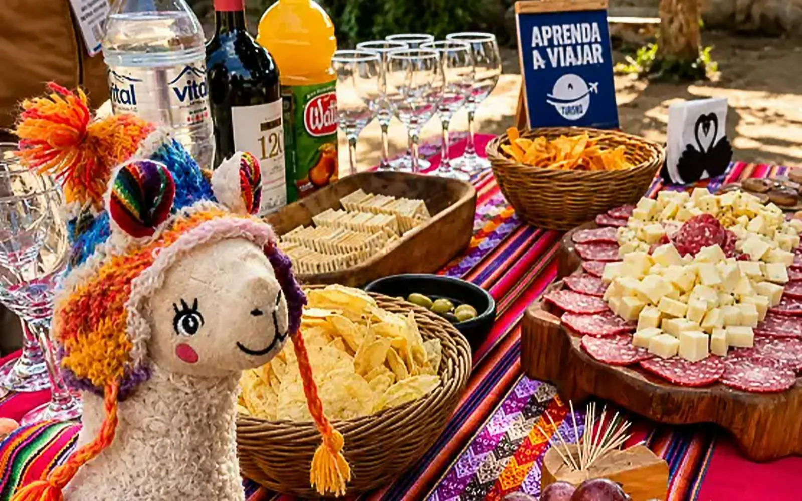 Picnic spread with cheese, salami, and drinks at Embalse El Yeso, featuring a colorful llama decoration.